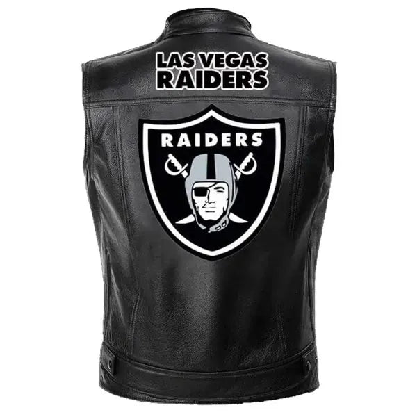 Sleeveless NFL leather vest with Raiders logo

