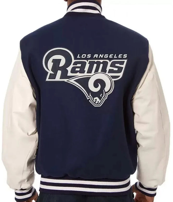 Stylish varsity jacket in white and blue with LA Rams logo in USA
