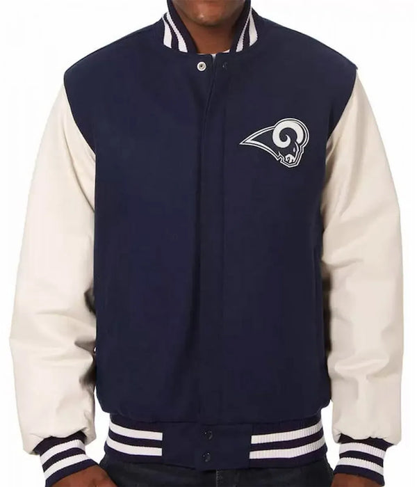 LA Rams white and blue varsity jacket for men and women in USA