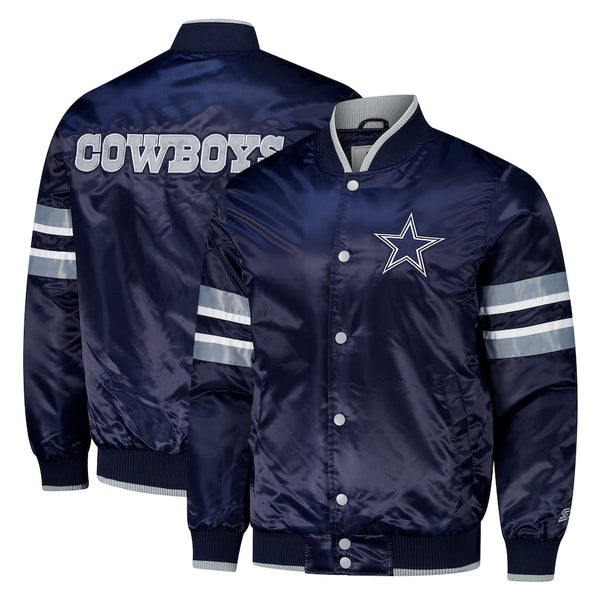 Men's Dallas Cowboys varsity raglan satin jacket front view in USA
