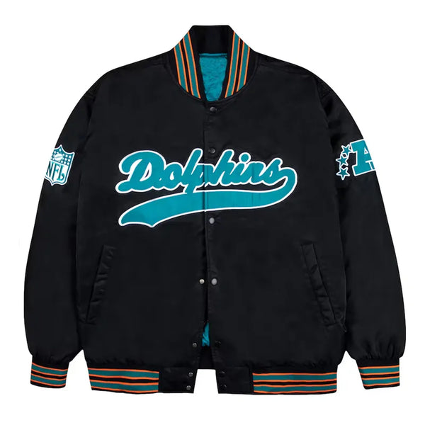 Buy Miami Dolphins Aqua and Orange Rib Bomber Black Jacket