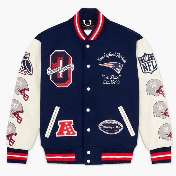 New England Patriots varsity jacket with team logo in USA