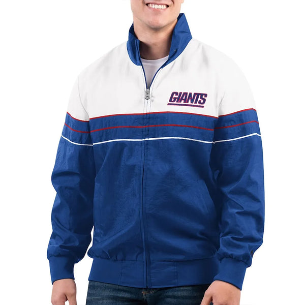 Blue and white jacket with 'Giants' logo on a white background