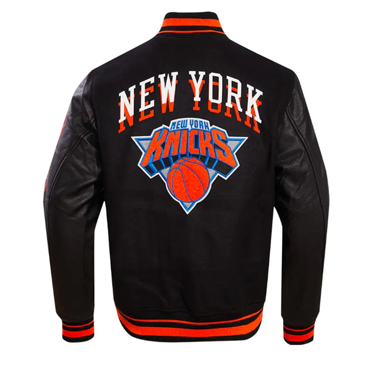 Blue and orange varsity jacket featuring New York Knicks logo in American Style