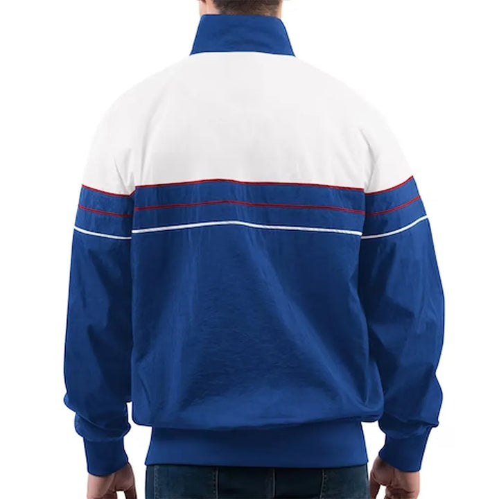 Blue and white jacket with red accents on a white background