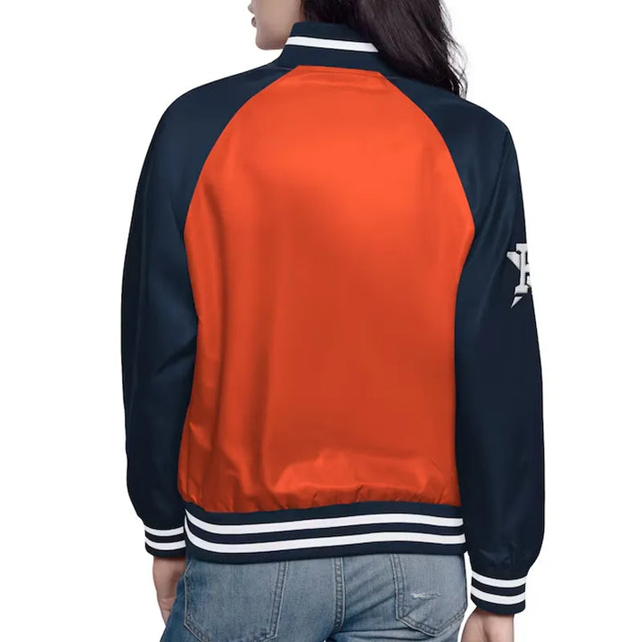 Orange and navy jacket with a white logo on a white background