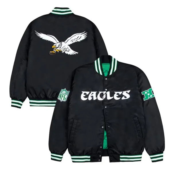 Buy Philadelphia Eagles Green and White Rib Bomber Black Jacket