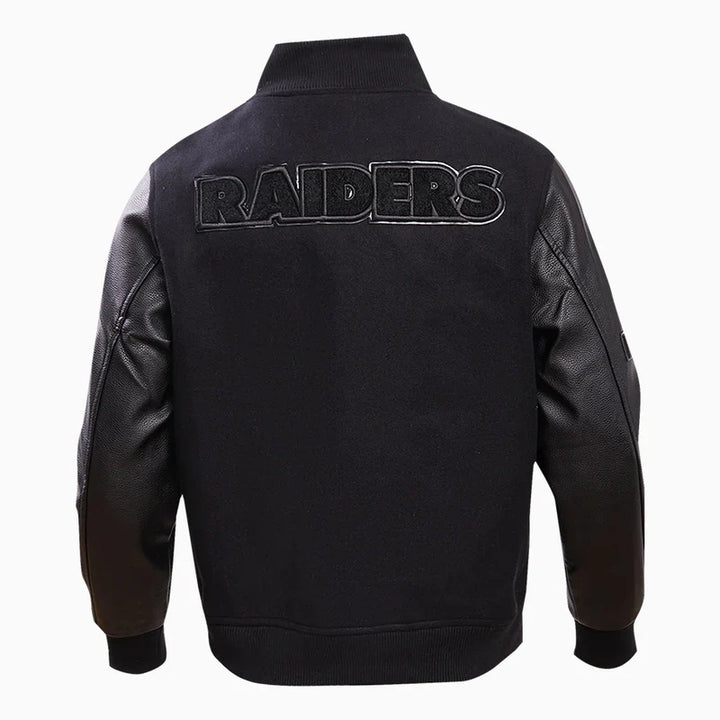 Men’s NFL Raiders black and silver varsity style jacket in American Style