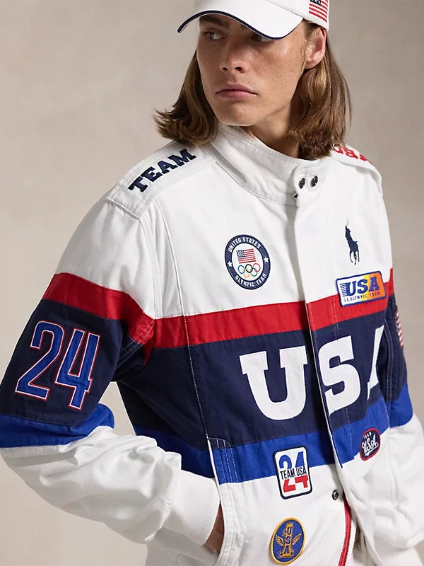 Team USA closing ceremony jacket with patriotic design in USA