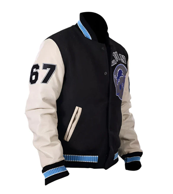 Blue and gray varsity jacket featuring Detroit Lions branding in USA