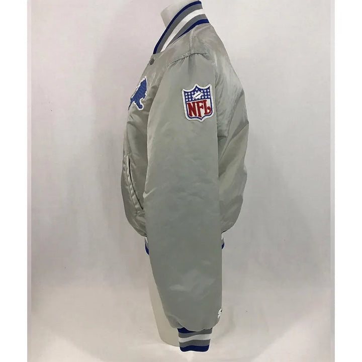 Stylish Detroit Lions satin jacket featuring distinctive team branding in USA