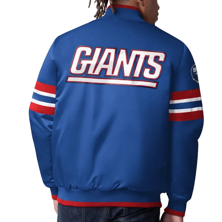 Blue jacket with 'GIANTS' text on the back, worn by a person.