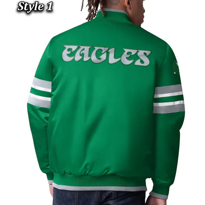 Stylish satin jacket featuring Philadelphia Eagles branding in USA