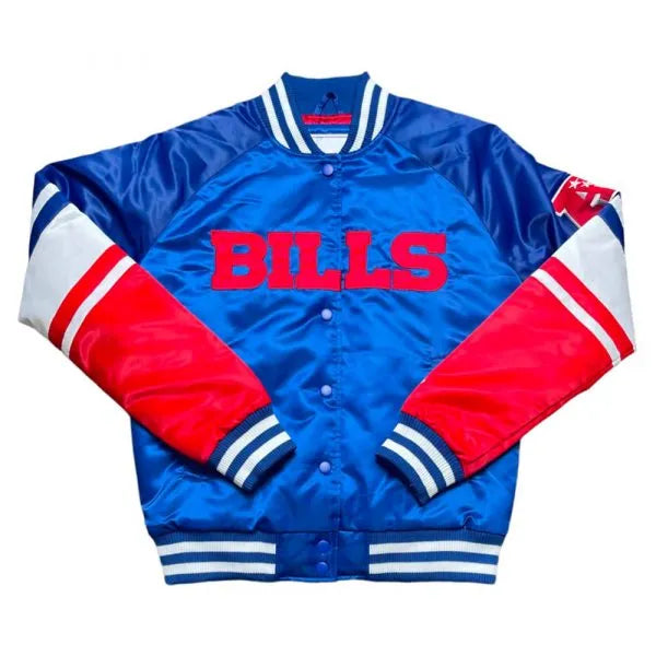 Official Buffalo Bills football team jacket in red, blue, and white in USA
