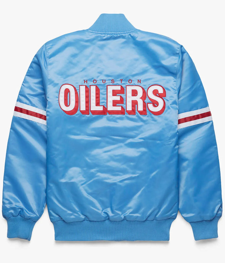 Shiny light blue bomber jacket featuring Houston Oilers design in USA