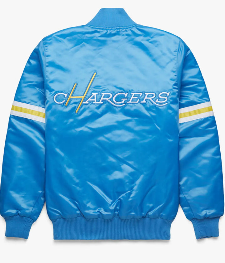 Men's satin varsity jacket in light blue for LA Chargers fans in USA