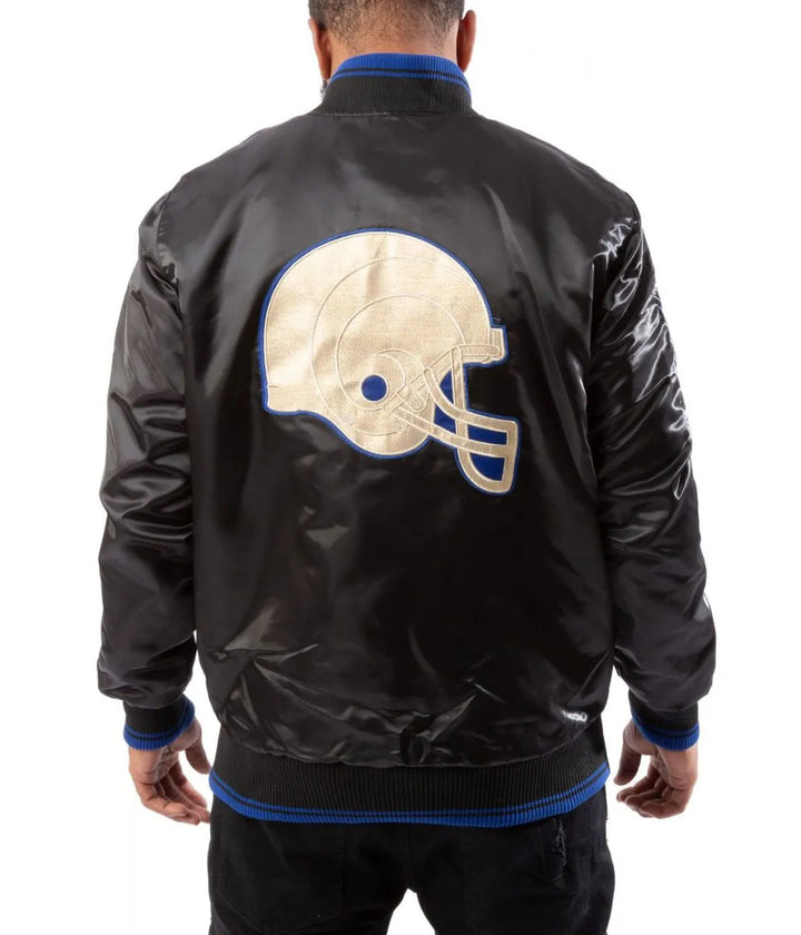 Official LA Rams black satin jacket with UK flag design in USA