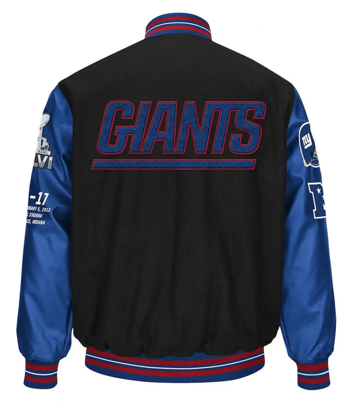 Black and blue jacket with 'Giants' text on the back, featuring logos and numbers.