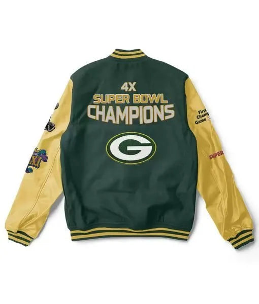 green and yellow Packers wool and leather varsity jacket


