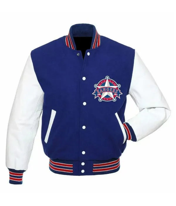 Blue and white varsity jacket with a logo on a white background