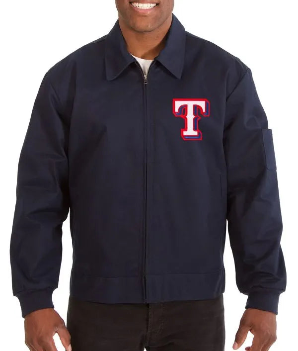 Navy jacket with a logo on a white background