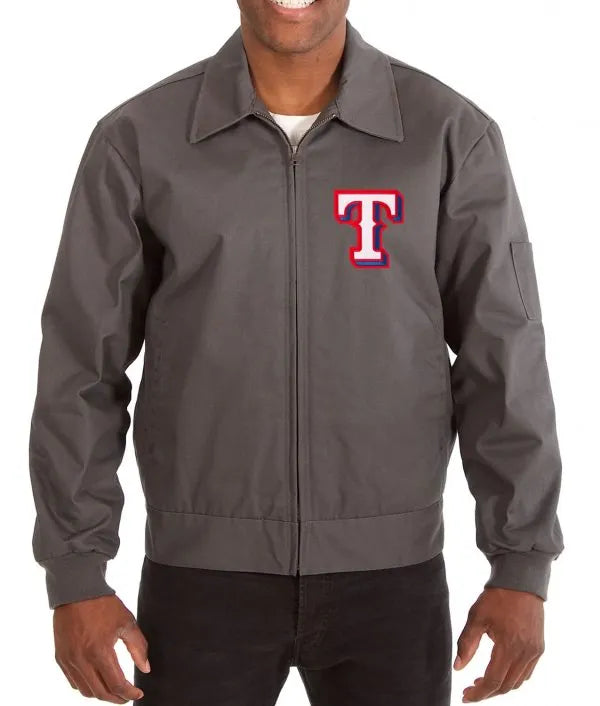 Gray jacket with a logo on a white background