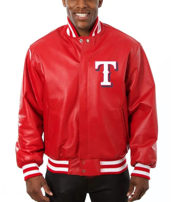 Red letterman jacket with a white 'T' logo worn by a person on a white background