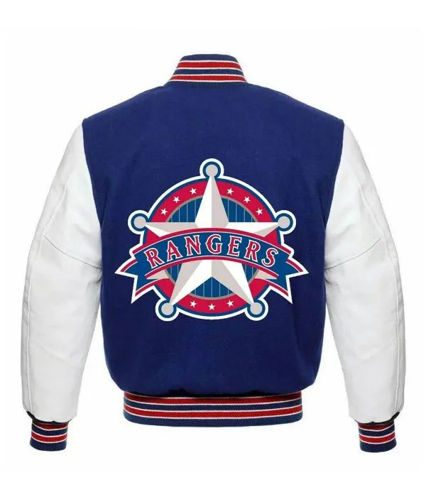 Blue and white varsity jacket with 'Rangers' logo on the back