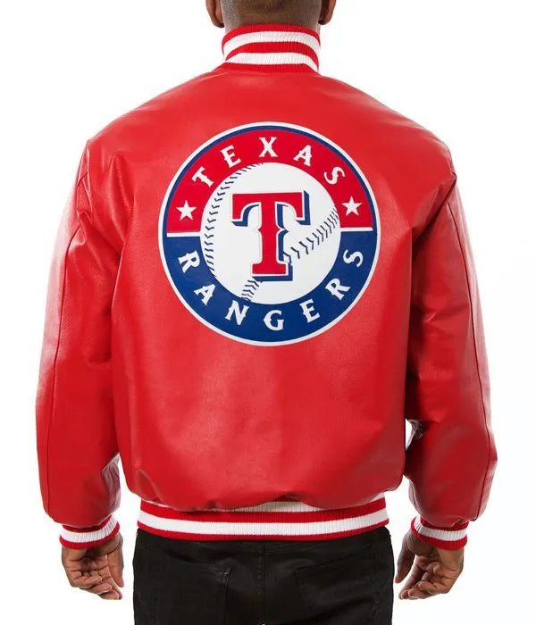 Red leather jacket with Texas Rangers logo on the back