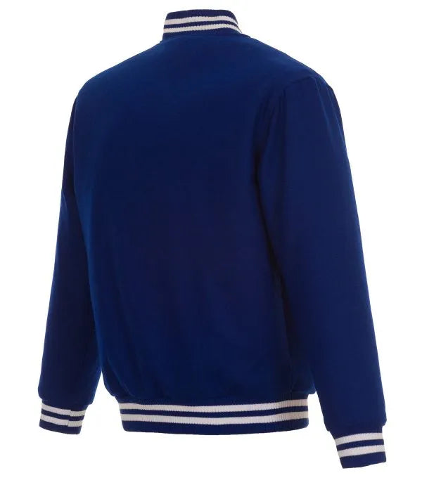 Blue varsity jacket with white stripes on a white background