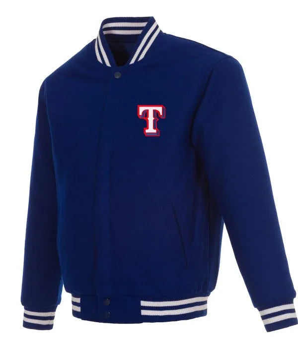 Blue jacket with a red and white logo on a white background
