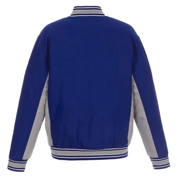 Blue varsity jacket with gray sleeves and collar on a white background in USA