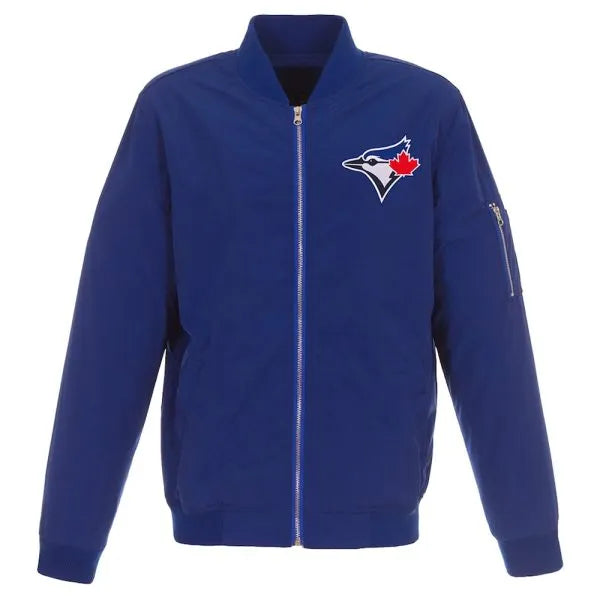 Blue jacket with a logo on the chest against a white background in USA