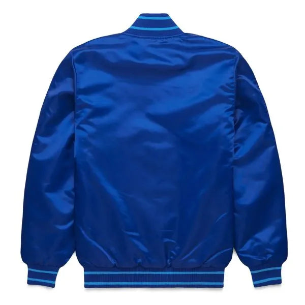 Blue satin jacket on a white background in American Style