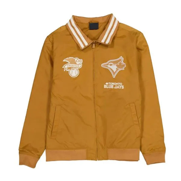 Mustard yellow jacket with Toronto Blue Jays logos on a white background