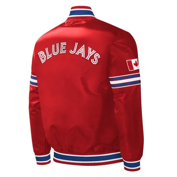 Red jacket with 'Blue Jays' text and a Canadian flag on a white background in USA