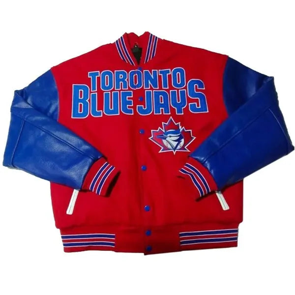 Red and blue jacket with 'Toronto Blue Jays' text and logo on a white background in USA