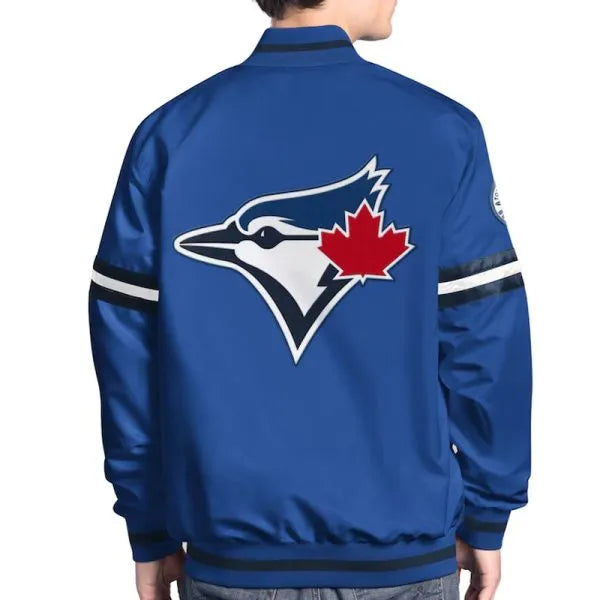Blue jacket with a logo featuring a red maple leaf on the back