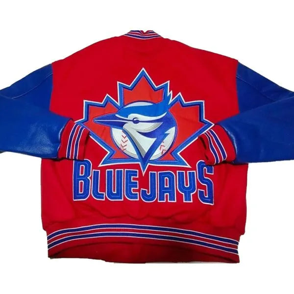Red and blue jacket with 'Bluejays' logo on a white background in USA