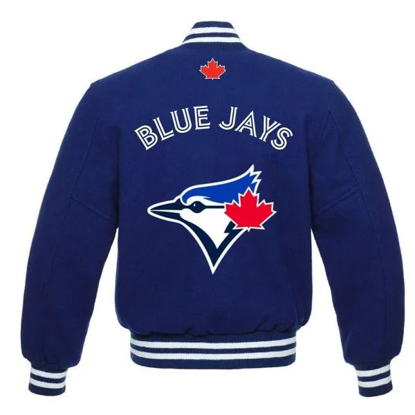 Blue sports jacket with 'Blue Jays' logo and text on a white background in USA