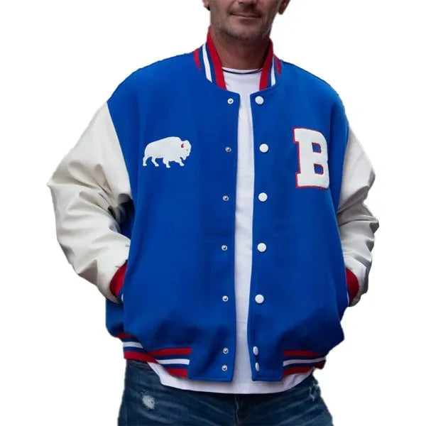 Buffalo Bills football jacket with snap-tab button closure and pockets in USA