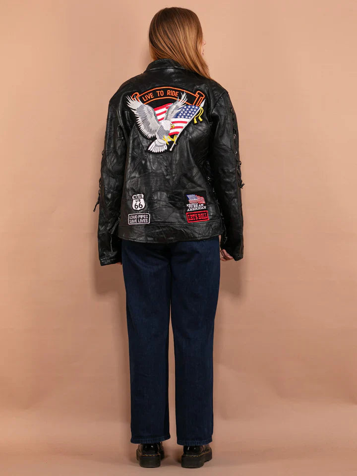 TJS Women's Vintage Leather Motorcycle Jacket in American market