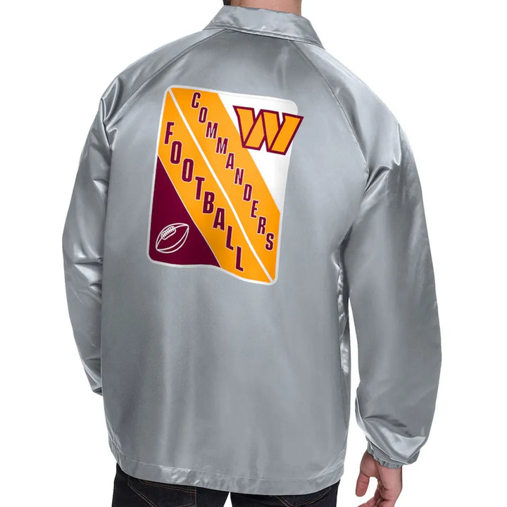 Satin fabric close-up of gray Commanders jacket

