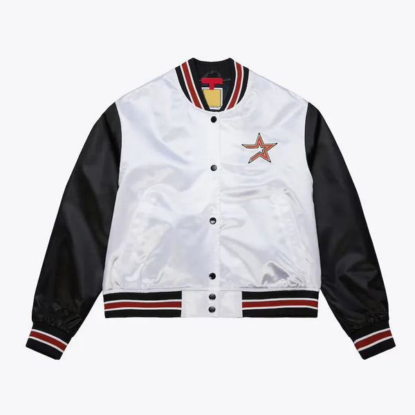 White and black varsity jacket with a star design on a white background