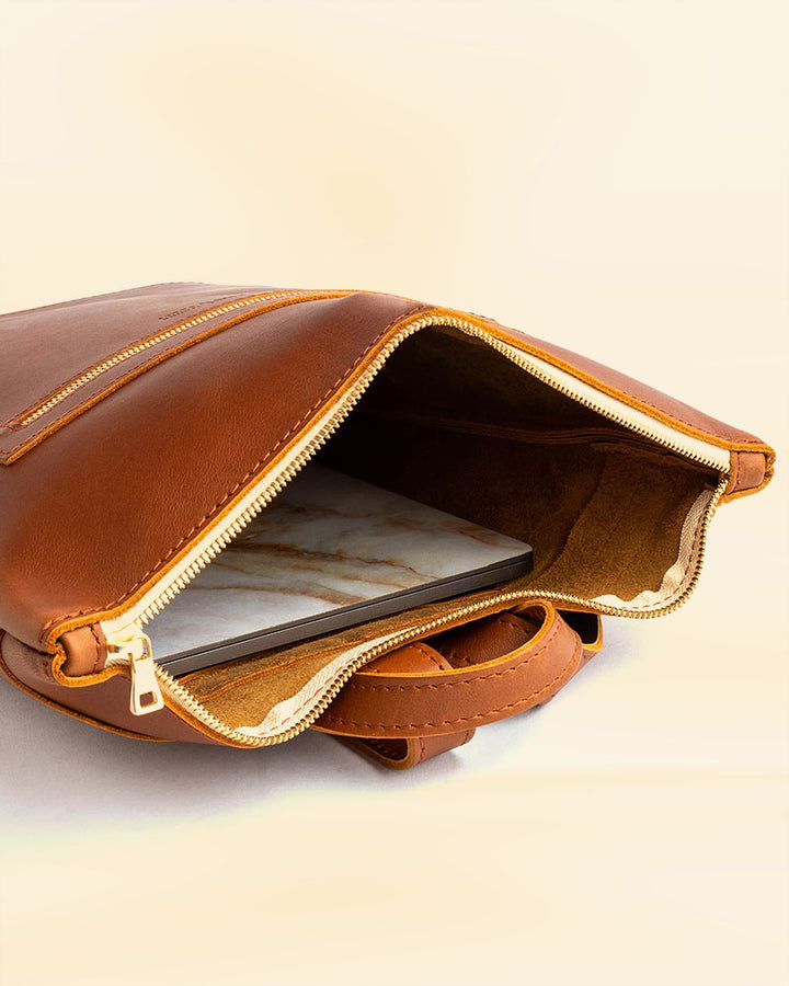 Elegant leather laptop backpack perfect for business trips