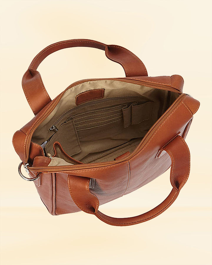 The interior of our leather vertical laptop briefcase, designed to keep your device secure and organized for the American market