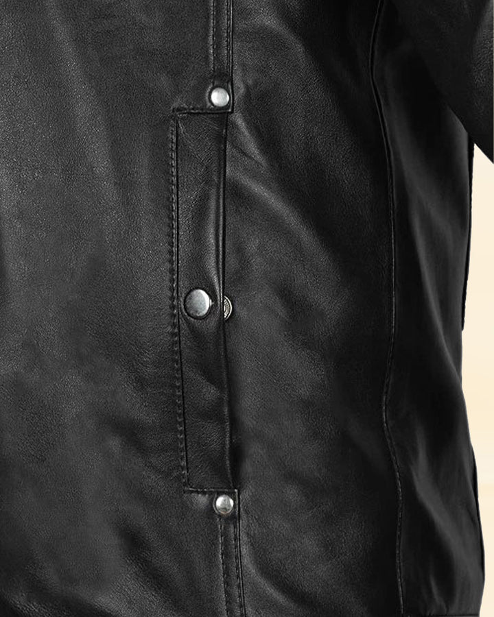 Bradley Cooper sporting a fashionable black leather jacket in American style
