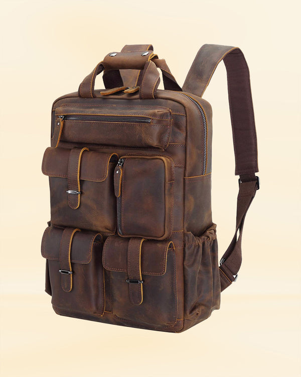 The interior of our leather multi pocket daypack, designed to keep your items organized and secure for the American market