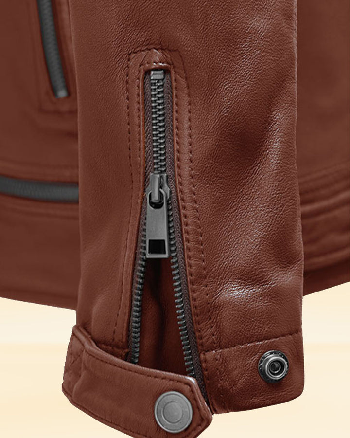 "Ride in luxury with an Ironwood tan biker leather jacket in USA"