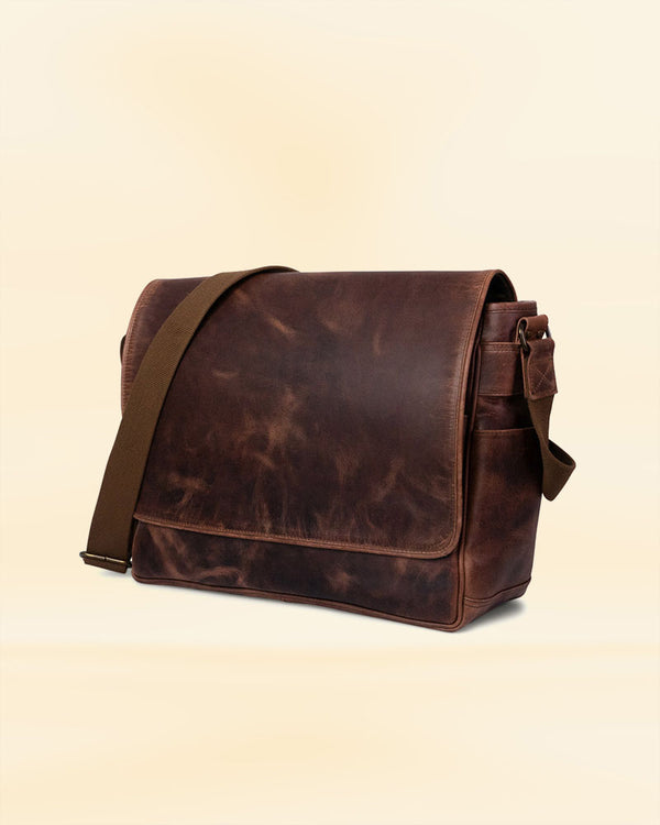 The interior of our leather satchel messenger bag, designed to keep your items organized and secure for the American market